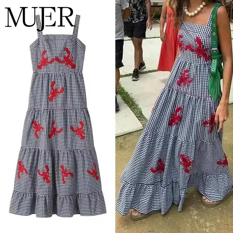 MUJER Plaid Slip longue robe femme broderie à volants robes d'été 2025 sans manches plage vacances robe femmes décontracté robes mi-longues