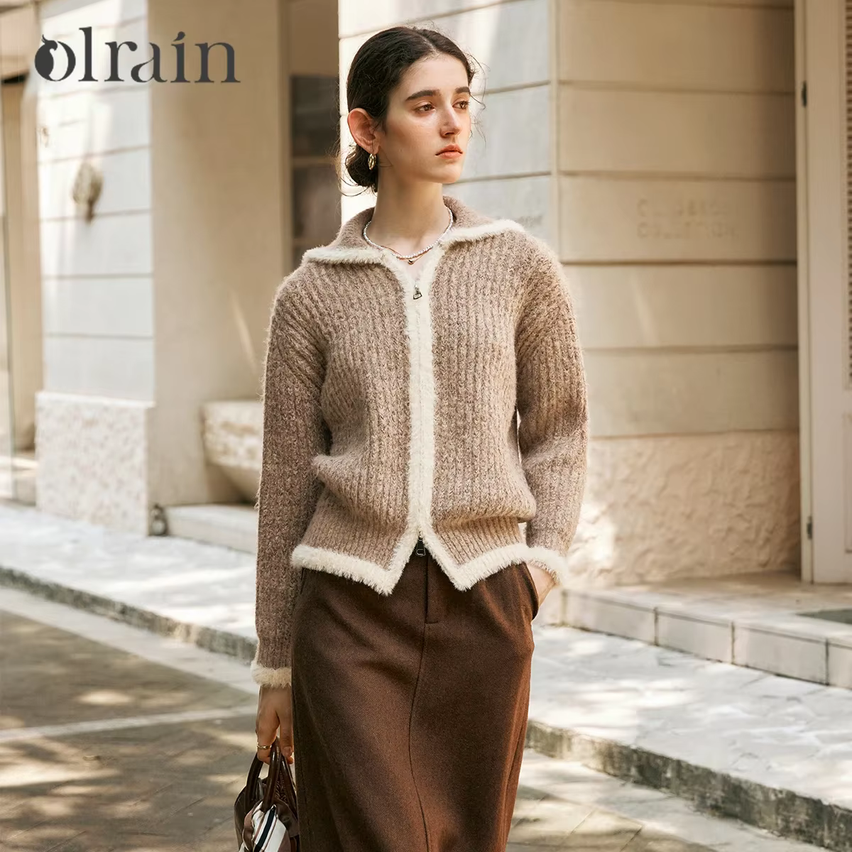 OLrain Cardigan Marron Style Français Femme 2026 Nouvelle Collection Automne Col Rabattu Manches Tombantes Tricot Zippé O56DM95269