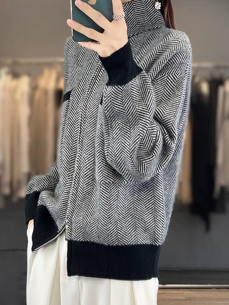 100% laine mérinos femmes pull décontracté col roulé fantaisie cour Cardigan femme tricots à manches longues cachemire pardessus vêtements hauts