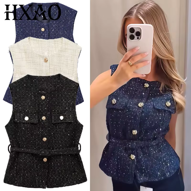 HXAO femmes gilet été 2025 bleu cassé blanc noir