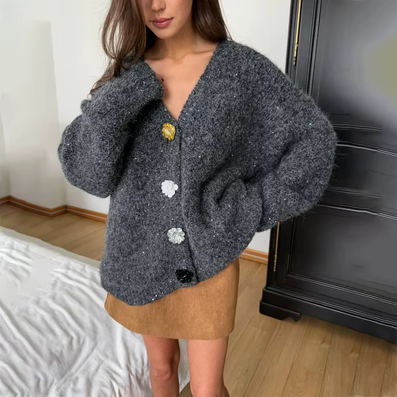 Cardigan à col en v, veste en laine, nouveau design ample, pull avec boucle en métal, printemps et automne