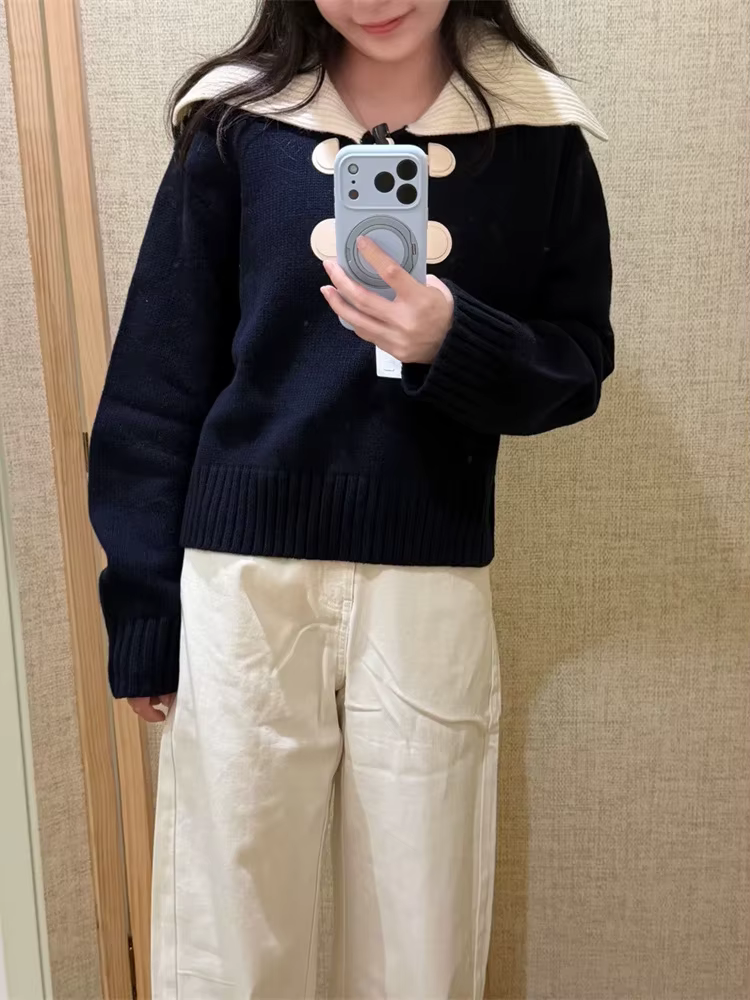 Pull tricoté en laine pour femmes, couleur contrastée, col marin, manches longues, boucle en corne, court, haut en tricot