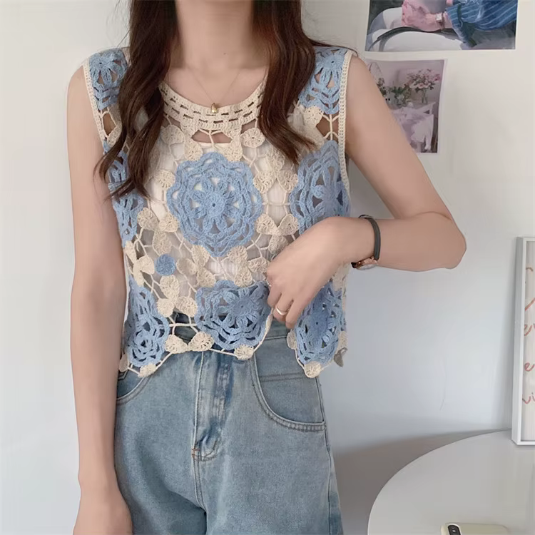 Nouveau pull court en maille ajourée brodé de fleurs au crochet pour femme 2026 – Blouse bohème de plage