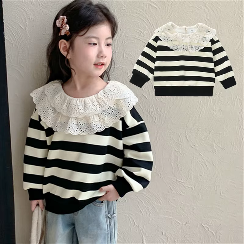 Sweat-shirt élégant à rayures noires et blanches pour enfants de 2 à 9 ans, avec col en dentelle, tenue pour nourrissons filles, vêtements de printemps et d'automne en coton