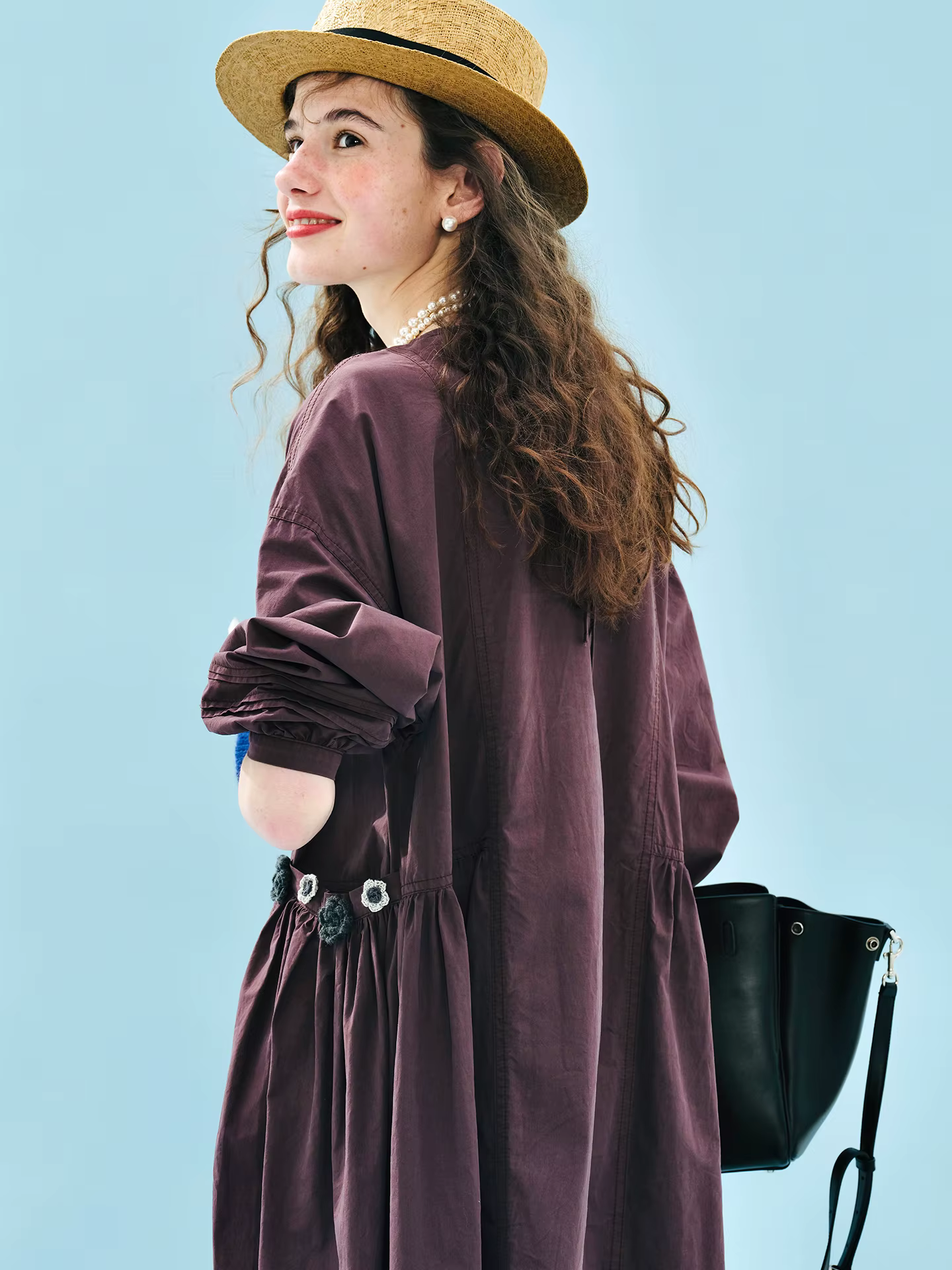 Imakokoni 2025 automne Carmine violet rétro Style littéraire coton lavé à la main-crochet robe mi-longue 255138
