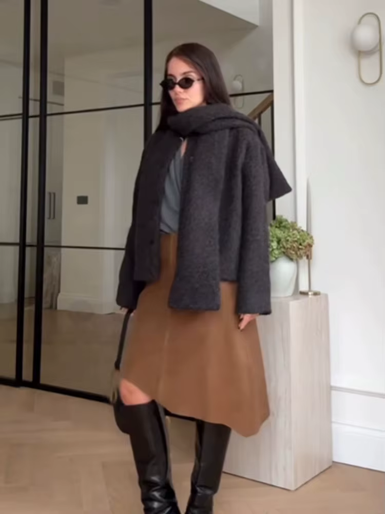 HH femmes Bouclé tissu écharpe col simple boutonnage décontracté manches longues ample court automne mode Style de rue manteau