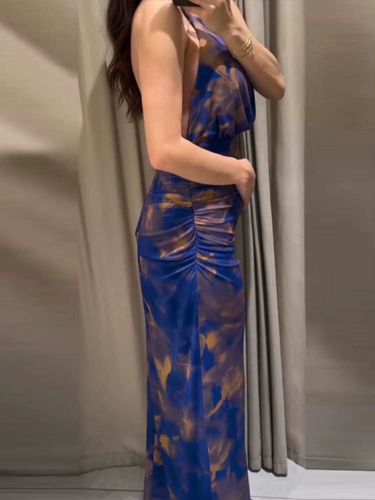 Robe longue imprimée licou pour femmes, col suspendu, Sexy, dos nu, coupe cintrée, fente plissée, Robes de vacances, taille cintrée