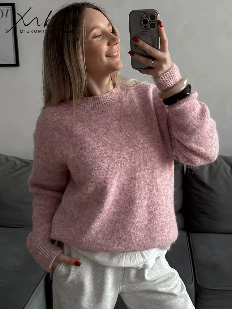 Pull d'hiver pour femme 2025 pulls chauds col rond tricots pulls en tricot ample chandails marron de base pour les femmes hiver rose