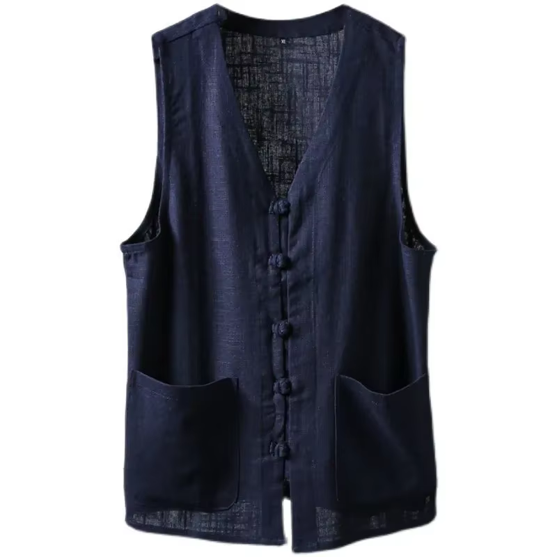 Gilet en lin pour homme, style chinois, boutons grenouillère, col en V, sans manches, coupe ample, décontracté, pour l'été