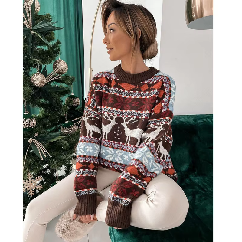 Pull Jacquard à manches longues pour femmes, pull à imprimé cerf, tricots en polyester, chaud, hiver, nouveau, 2024 occasions spéciales