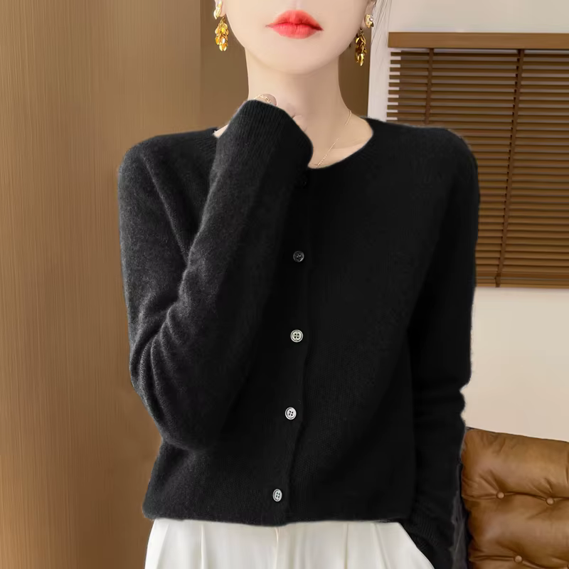 100% laine mérinos à manches longues chandails cachemire Cardigan printemps automne femmes col rond tricots hauts vêtements mode Tops basiques