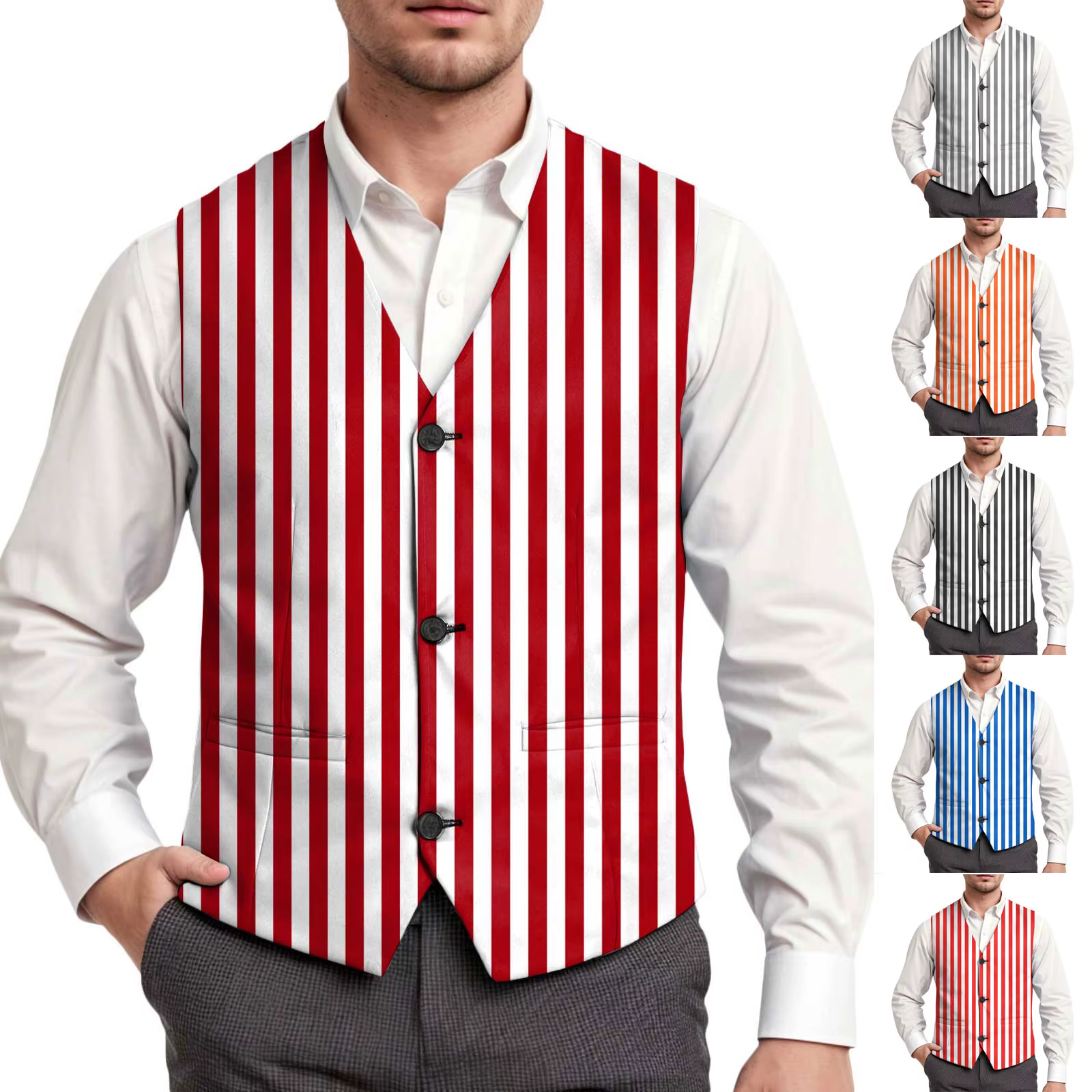 Gilet de Costume Homme Formel Business Rayé Slim Chic Col V Simple Boutonnage Sans Manches pour Mariage