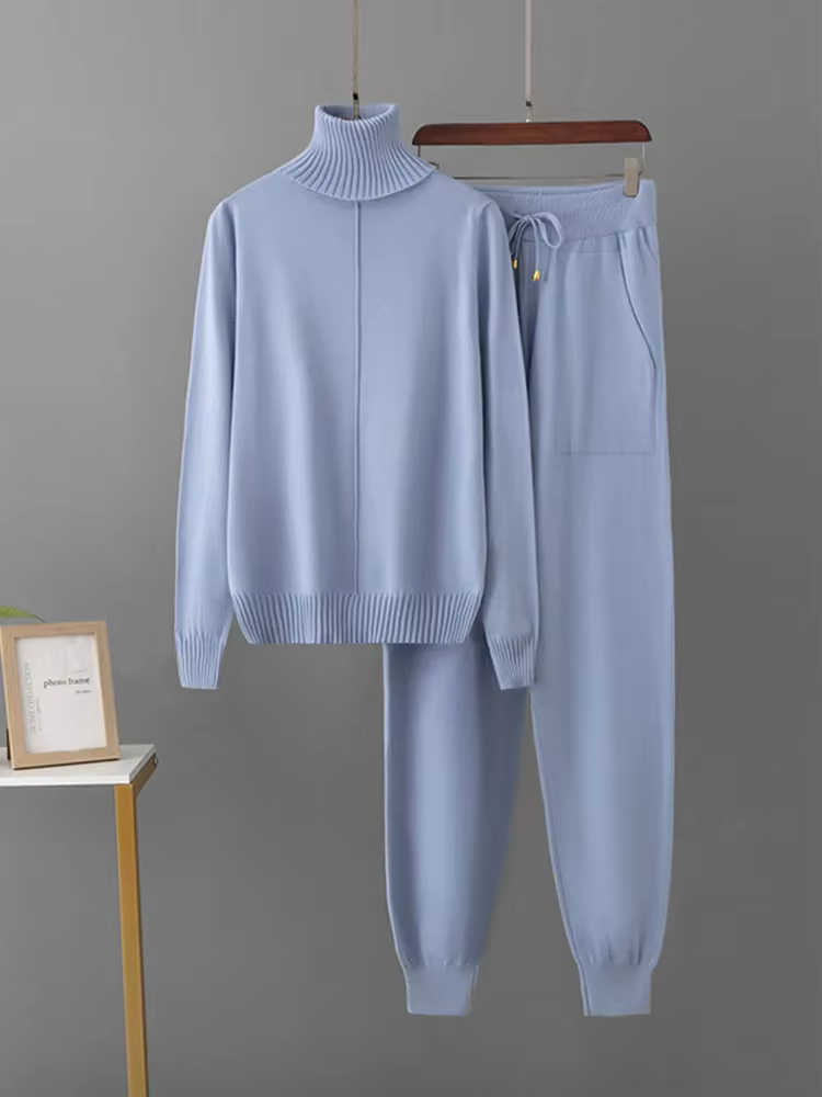 Femmes col roulé tricots pull hauts pullover Conjuntos taille haute décontractée sarouel tenue couleur bonbon tricoté 2 pièces ensembles