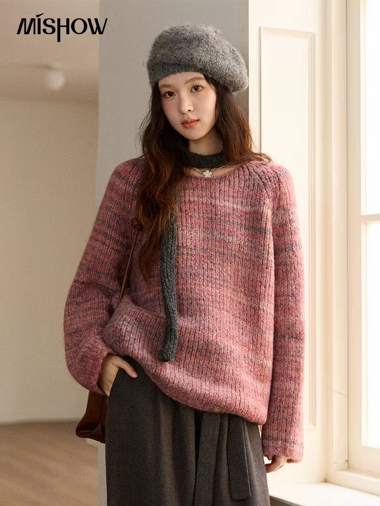 MISHOW femmes bleu pull 2025 hiver mode ample col rond à manches longues