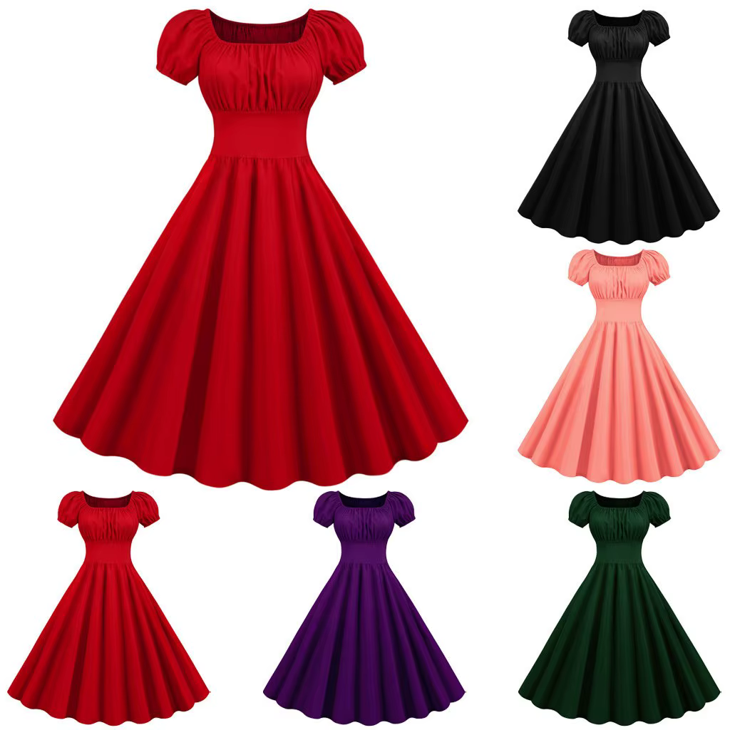 Robe d'été rouge à col carré pour femmes, col en V, grande balançoire, Vintage, élégante, rétro, Pin up, robes de soirée mi-longues