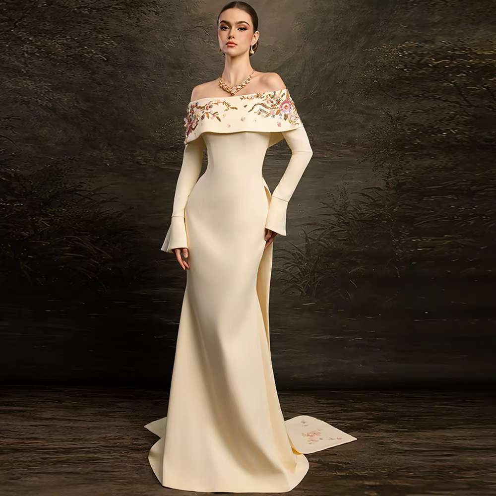 Robe de soirée sirène élégante à col bateau et manches longues en jersey, avec appliques personnalisées, pour soirée de remise de diplôme - Vestido De Festa