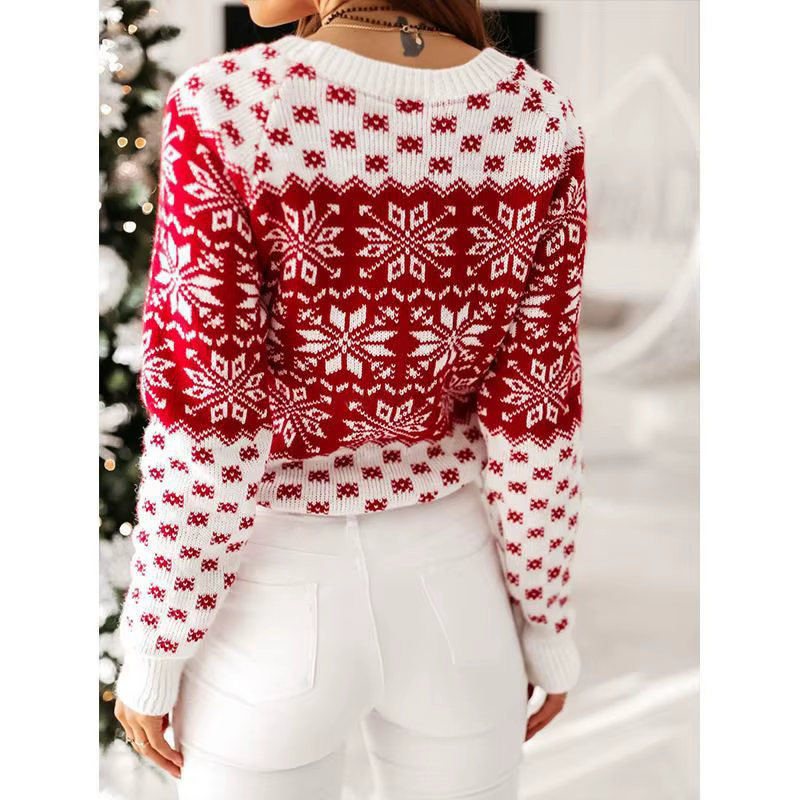 Nouveau Style femmes noël flocon de neige pull hiver chaud tricoté à manches longues O cou hauts