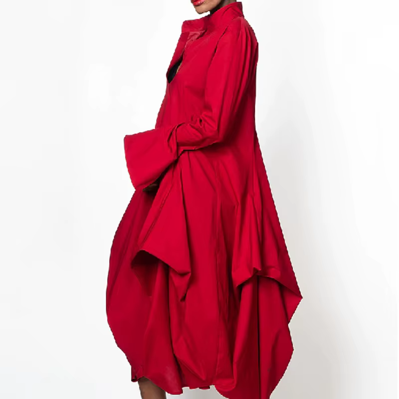 Robe mi-longue rouge à volants asymétriques pour femmes, col haut, col montant, manches longues, ample, élégante, robes de soirée, nouvelle collection 2026