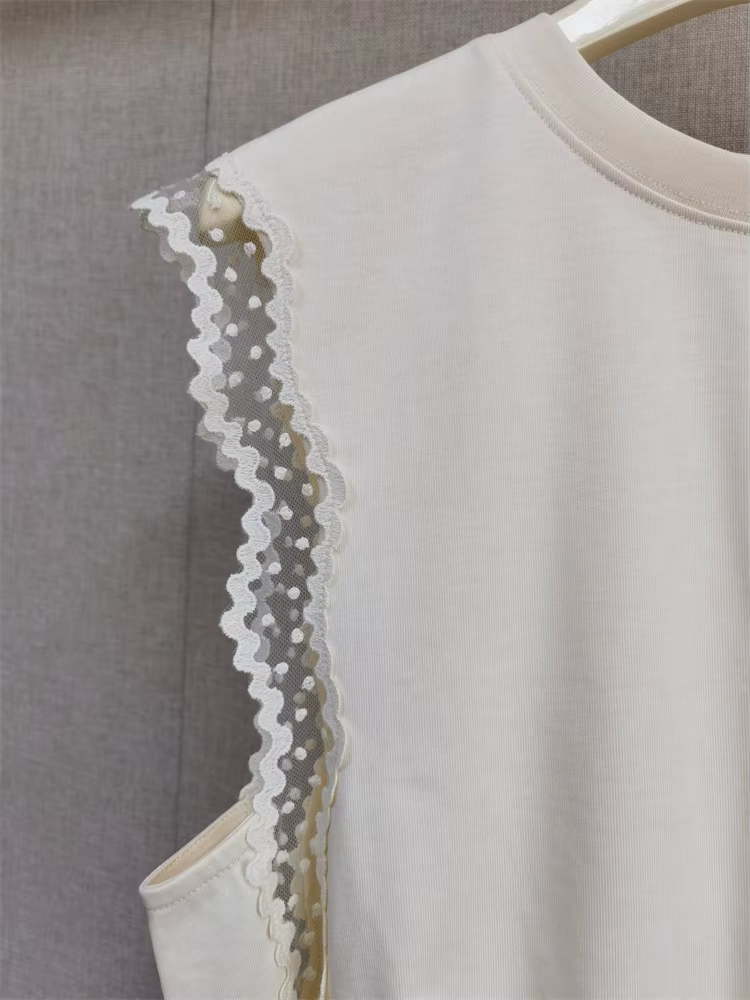 T-shirt sans manches en maille à bordure dentelle pour femme, col rond cintré, collection été 2026
