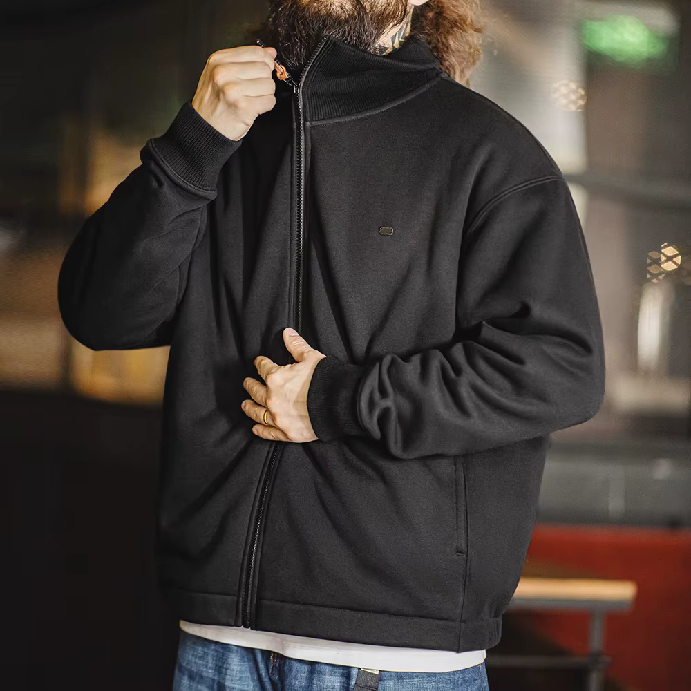 Maden Veste masculine à col haut chaude Doublure polaire épaisse vêtement extérieur Cardigan sportif style décontracté Veste tennis rétro