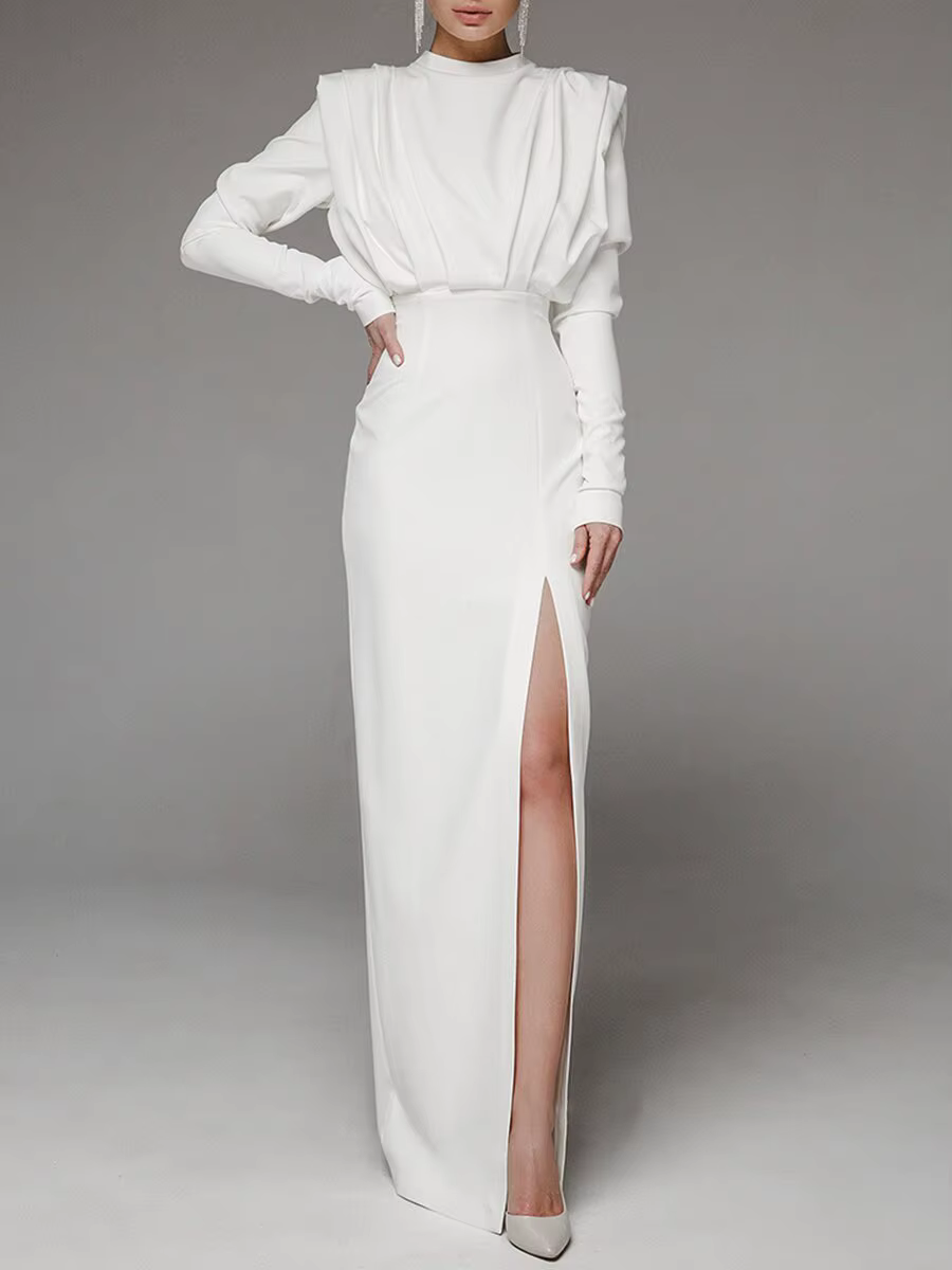 Robe longue fendue à col haut, à la mode, Style élégant, en Fiber de Polyester, manches longues, robe mi-longue pour printemps et été, nouvelle collection