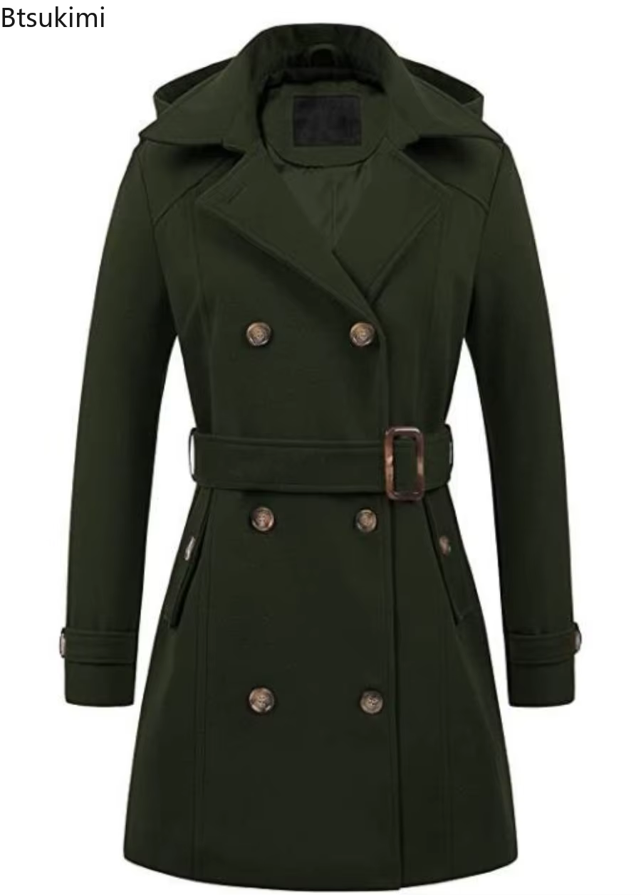 Vestes à capuche mi-longues pour femme, pardessus à Double boutonnage, revers en laine, col rabattu, veste chaude d'hiver, Streetwear