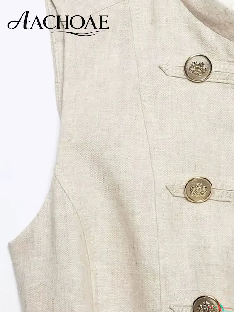 AACHOAE – gilet sans manches en mélange de lin pour femmes