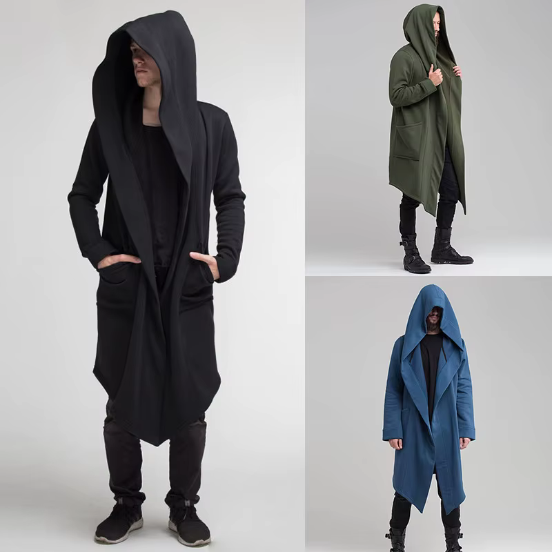 Cardigan long à capuche pour homme avec manches longues et ouverture frontale, cape longue légère, veste coupe-vent et imperméable pour homme