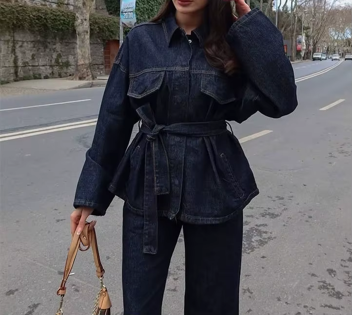Col Denim boutonné tendance décontracté rétro polyvalent veste en jean + pantalon ensemble 2 pièces