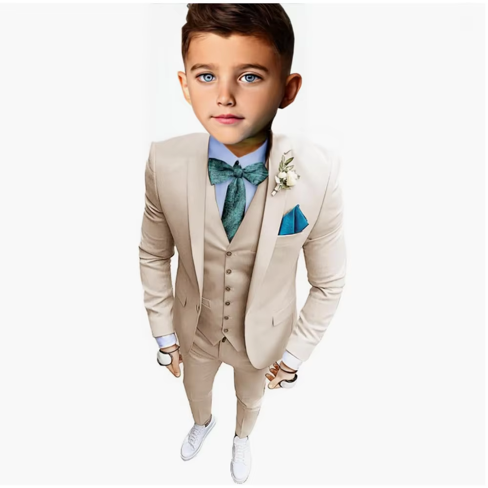 Ensemble beige slim fit pour garçon, smoking, blazer 3 pièces, pantalon émaillé, simple boutonnage, cranté, vêtements élégants pour enfants, mariage garçon