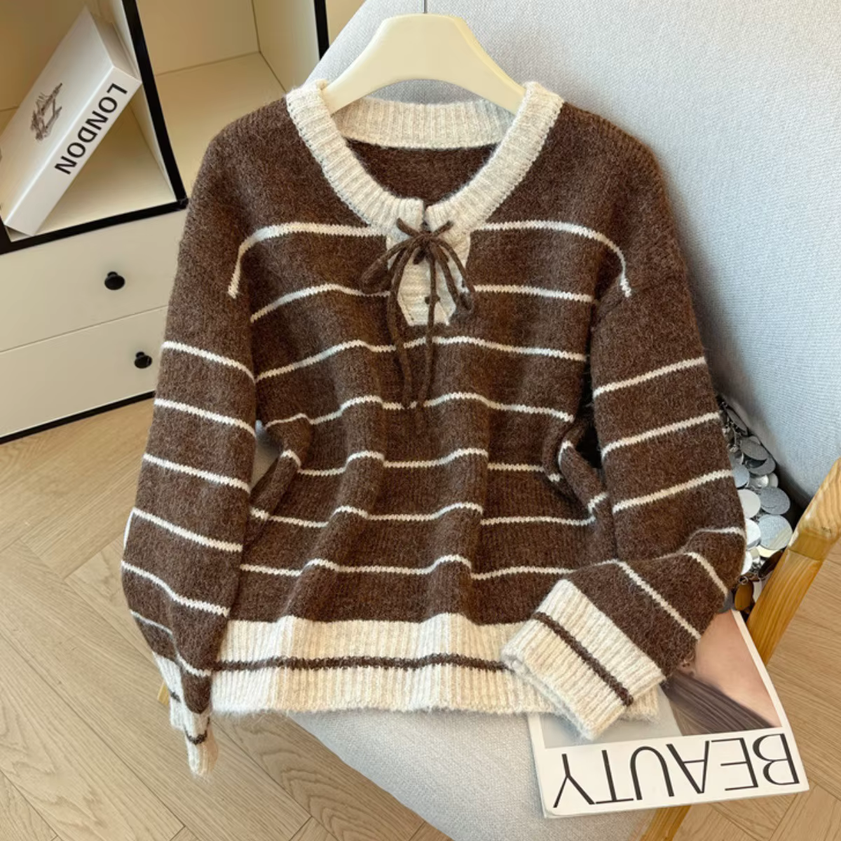 Pull-over en tricot rayé kaki à manches longues pour femme