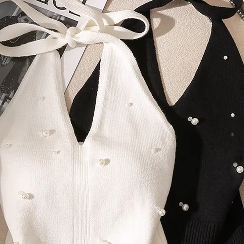 Mode française perlée licou cou cravate noeud dos nu tricoté gilet pour les femmes