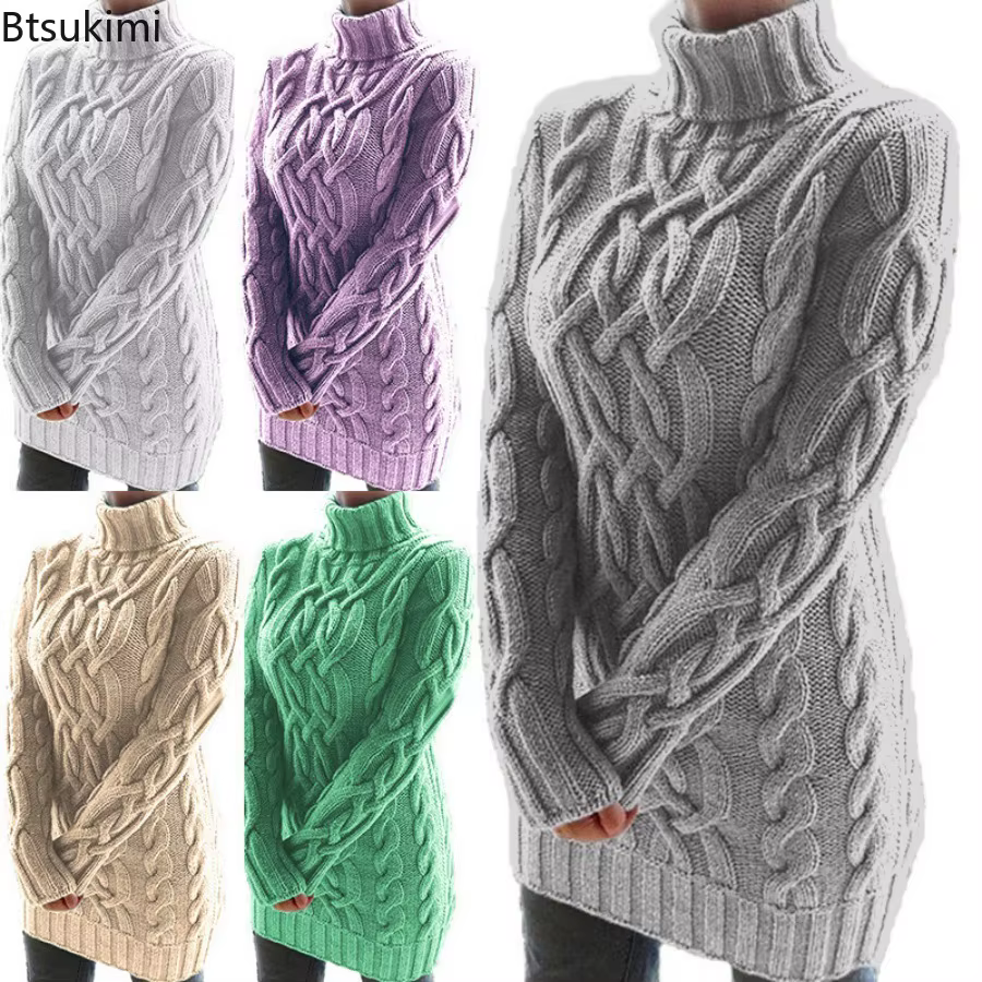 Femmes pull à col roulé nouveau automne hiver épaissir à manches longues tricoté rétro longueur moyenne chandails dames