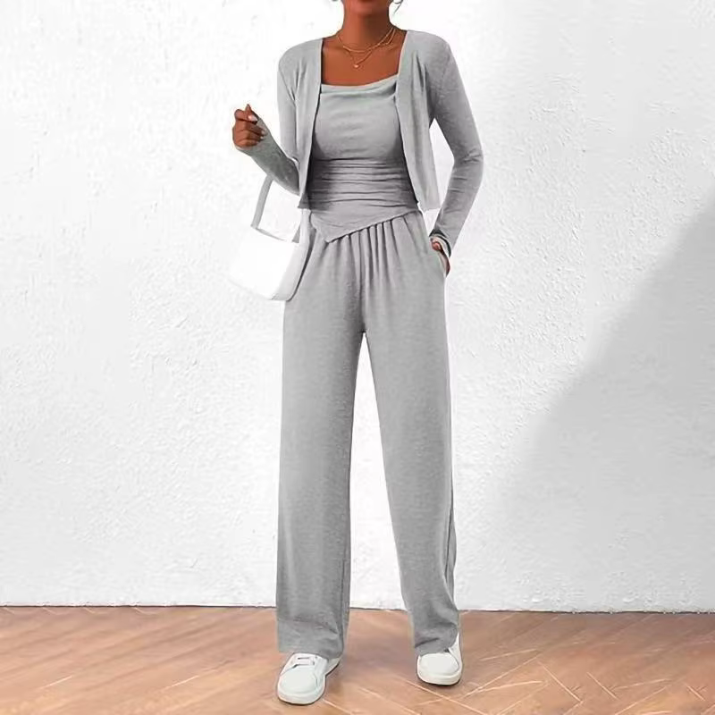 Ensemble trois pièces Cardigan pour femme, gilet décontracté avec pantalon à jambes larges, pour les déplacements, automne et hiver 2025