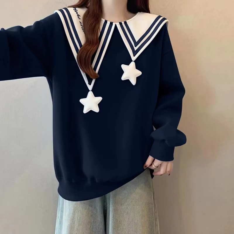 Sweat-shirt Y2K pour femme, col marin, coupe oversize, épaules tombantes, blanc, manches longues, avec breloques étoiles 3D mignonnes, style preppy, haut d'automne