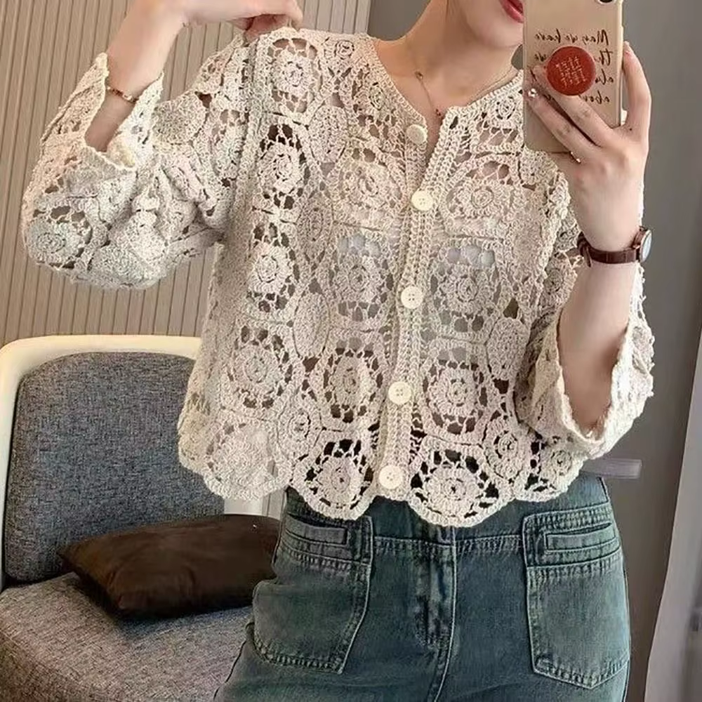 Cardigan en maille ajourée style bohème à manches 3/4 pour femme