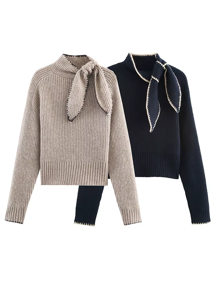 HH femmes hiver nouvelle mode polyvalent nœud décoré pull femme décontracté mince col montant à manches longues
