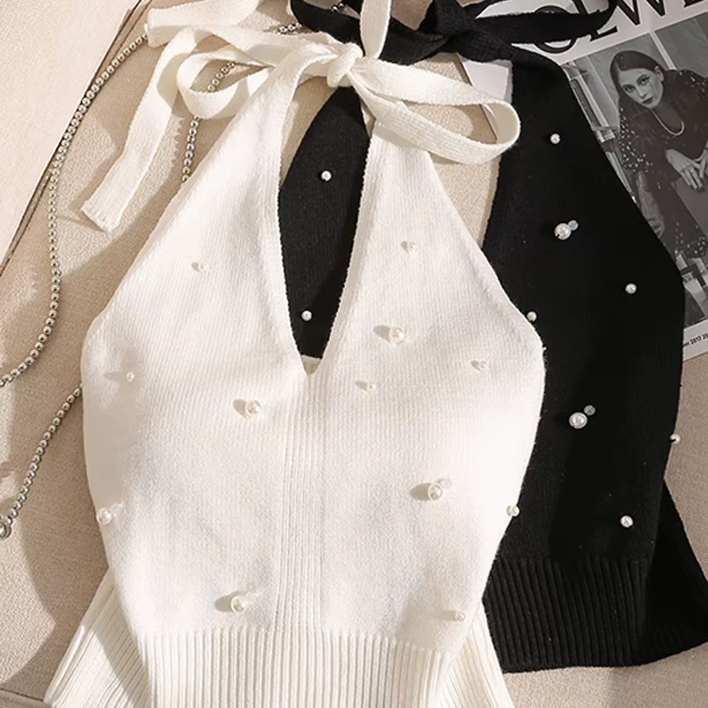 Mode française perlée licou cou cravate noeud dos nu tricoté gilet pour les femmes