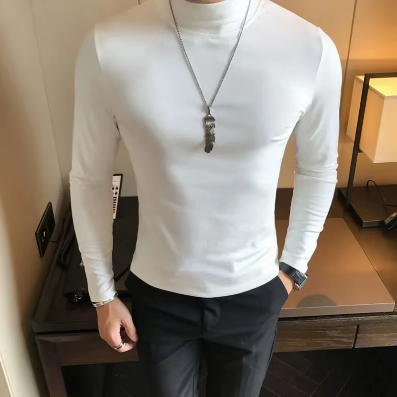 T-shirt à col haut pour homme, coupe ajustée, mode automne-hiver, manches longues, coton, décontracté, respirant, pull-over