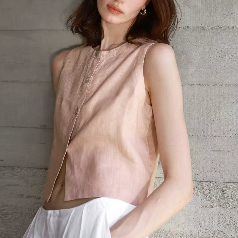 Gilet en lin premium, double face, coupe courte, style décontracté, sans manches, pour femme