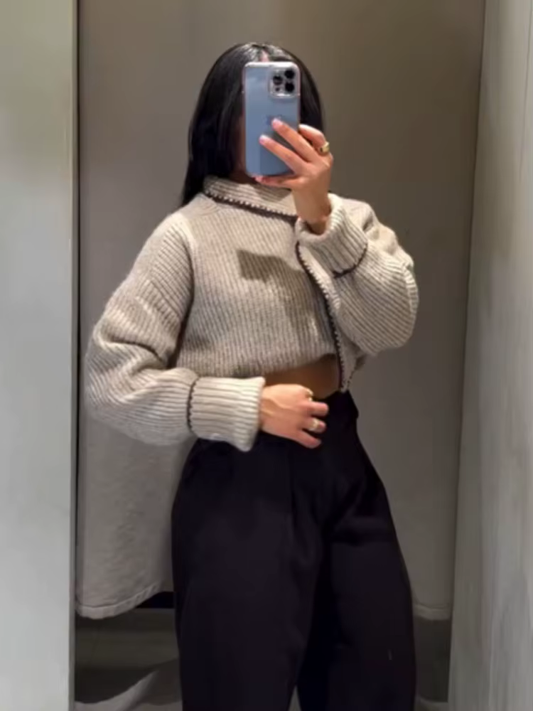 HH femmes hiver nouvelle mode polyvalent nœud décoré pull femme décontracté mince col montant à manches longues