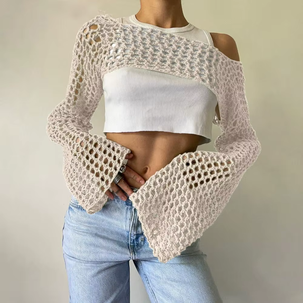 Y2K manches haussement d'épaules pull fibres acryliques douces femmes Crochet haut court