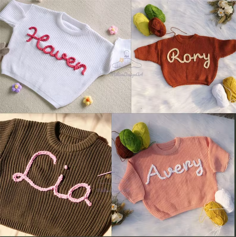 Pulls personnalisés avec nom brodé à la main pour enfants, pull en tricot pour bébé, monogramme personnalisé, cadeau de Noël, cadeau d'anniversaire