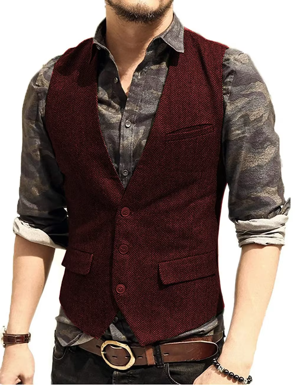 Gilet de Costume Homme 2025 Col en V Coupe Slim Motif Tweed pour Garçons d'Honneur Tenue de Mariage et de Fête Veste Décontractée Tendance