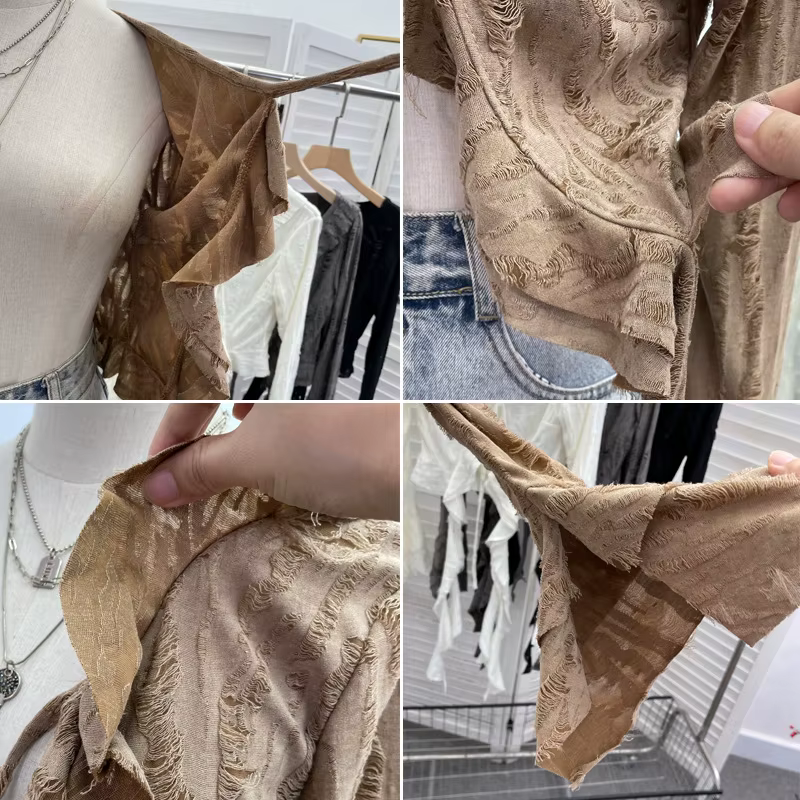 ISAROSE Wasteland Style Cardigan pour femmes Punk printemps automne couleur unie évasé manches longues avant à lacets à volants déchiré hauts