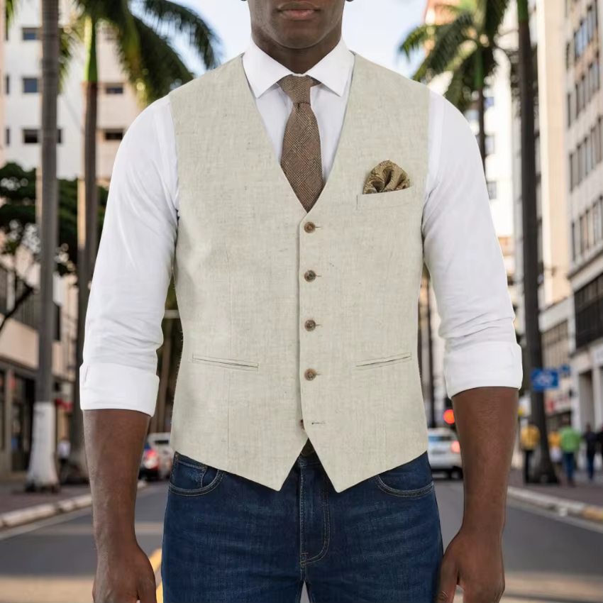 Gilet en lin pour homme, col en V, beige, simple boutonnage, pour occasions décontractées, fêtes, été, plage, nouvelle collection