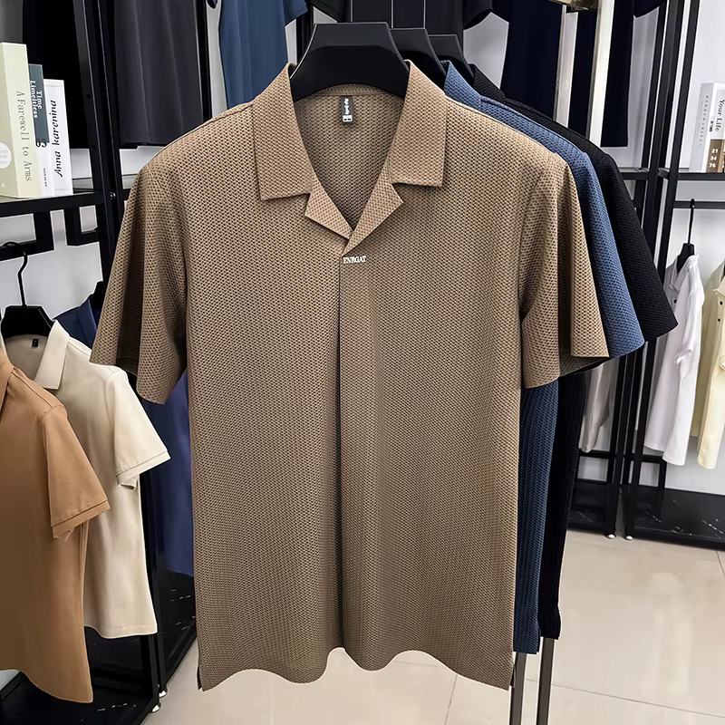 Chemise Polo Homme à Col Cubain Manches Courtes en Tissu Texturé Ananas Respirant Extensible pour l'Été 2026