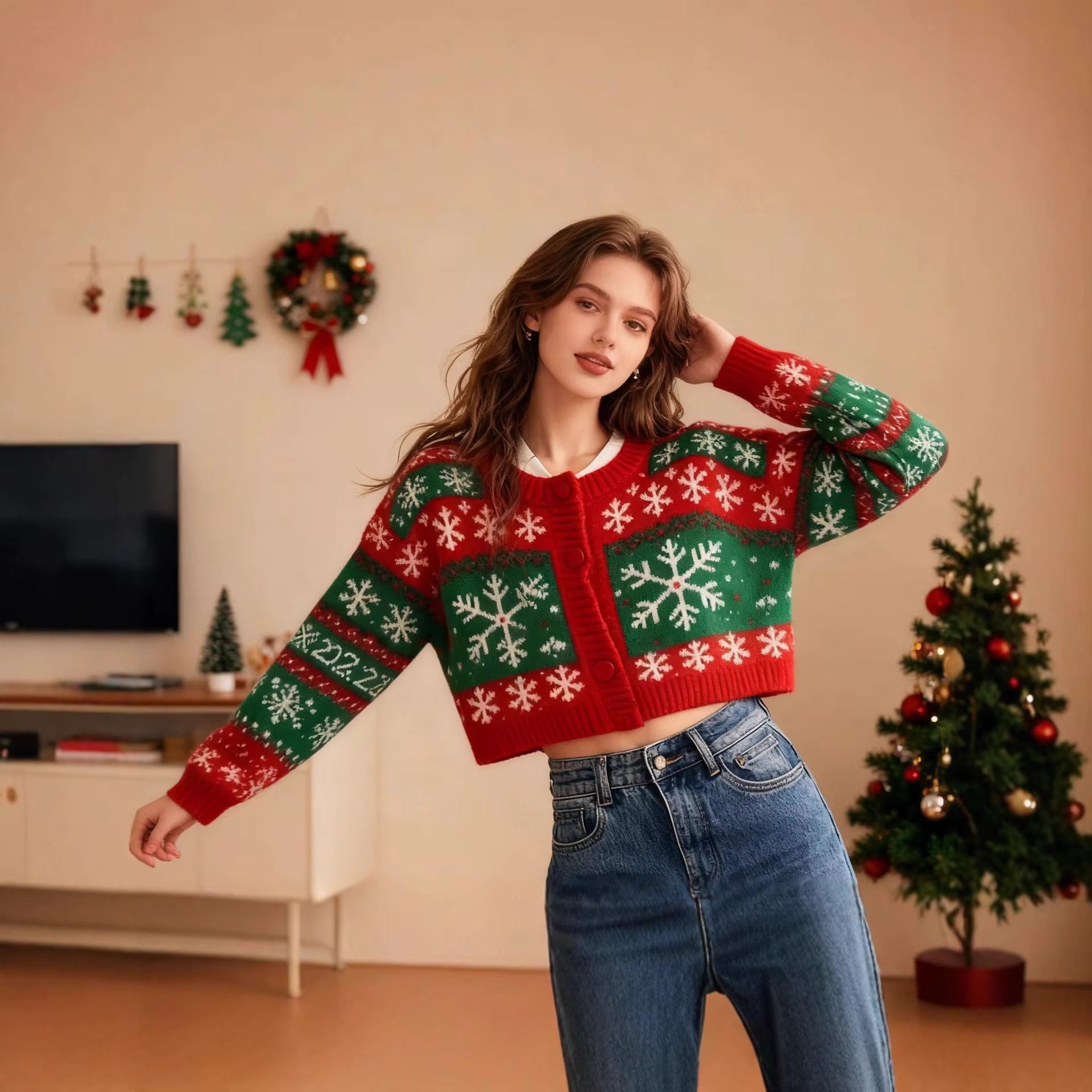 Pull de Noël NADANBAO en Polyester, Flocons de Neige Imprimés, Décontracté, Col Rond, Pour Femmes Occasions Spéciales