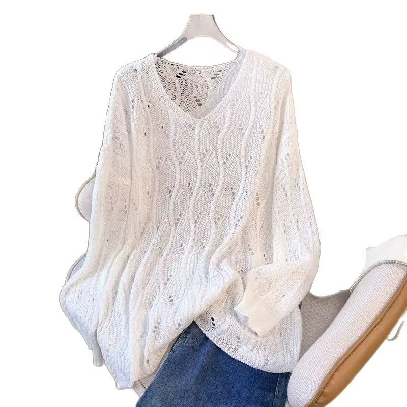 Pull en tricot ample et ajouré pour femme, col rond, manches longues, léger et respirant, style décontracté et moderne, pour les saisons printemps et automne