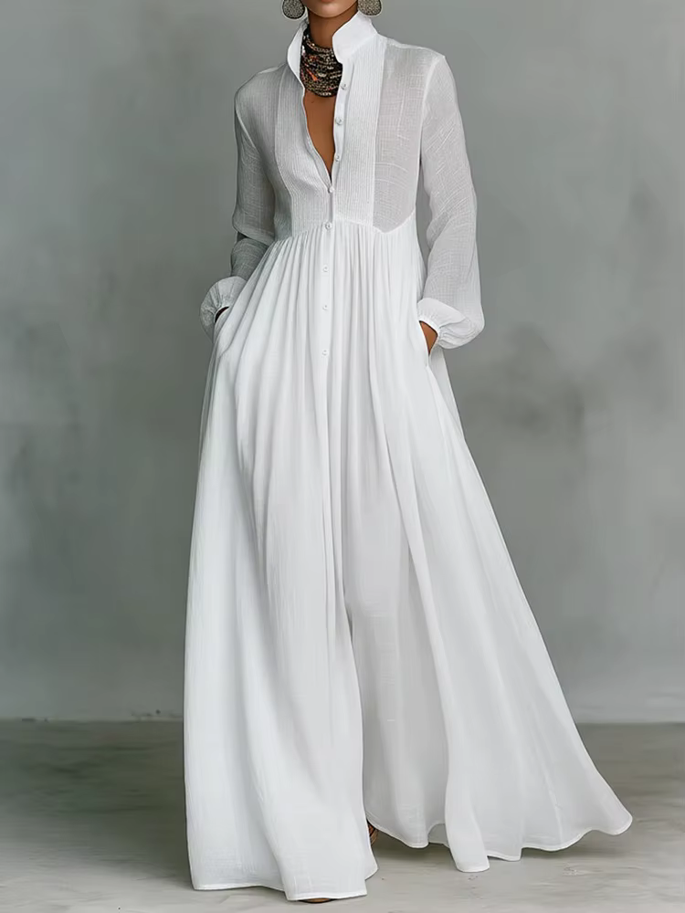 Robe de soirée élégante à col montant et manches longues, Nouvelles robes décontractées unies pour femmes Printemps 2026, Robes à poches pour femmes à simple boutonnage